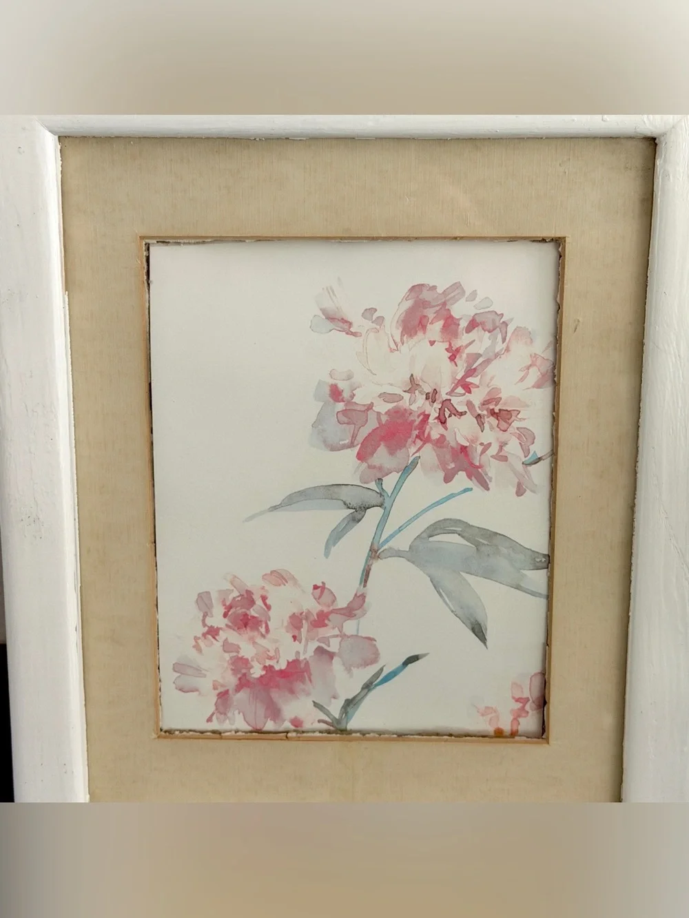 Soft Pastel Flower Painting Rustic Shabby Chic Vintage Watercolor White Framed